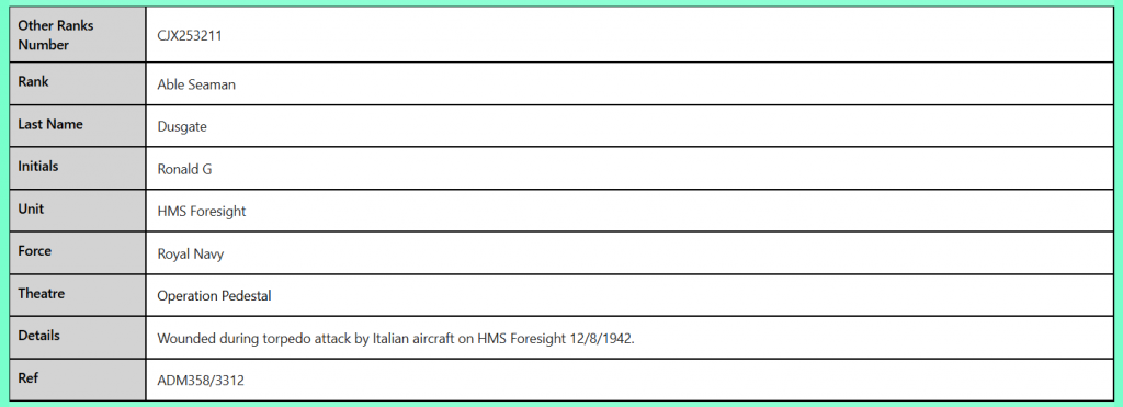 CJX253211 Able Seaman RG Dusgate Royal Navy