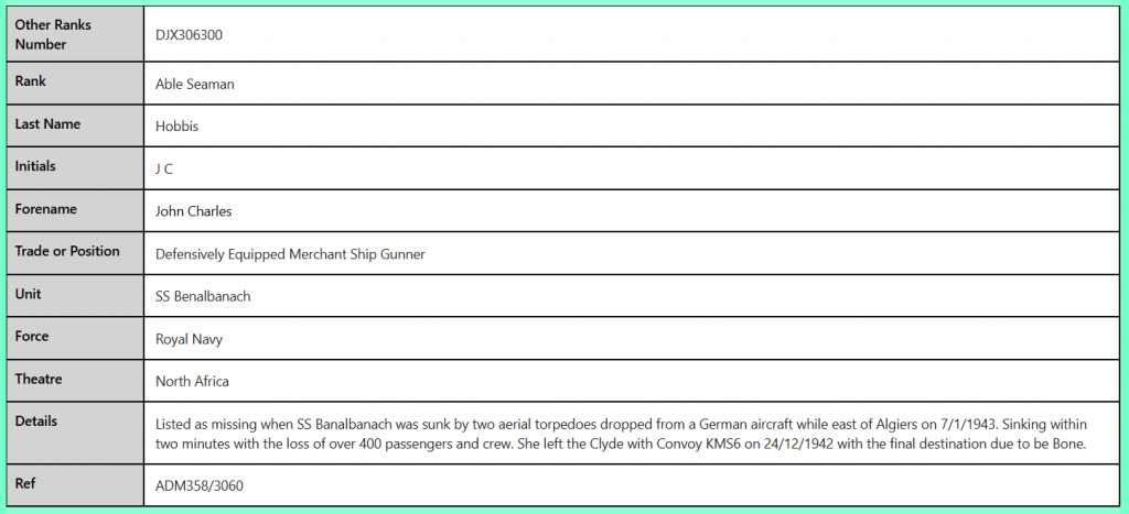DJX306300 Able Seaman JC Hobbis Royal Navy WW2 records
