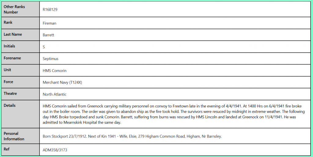 R168129 Fireman S Barrett Merchant Navy WW2 records